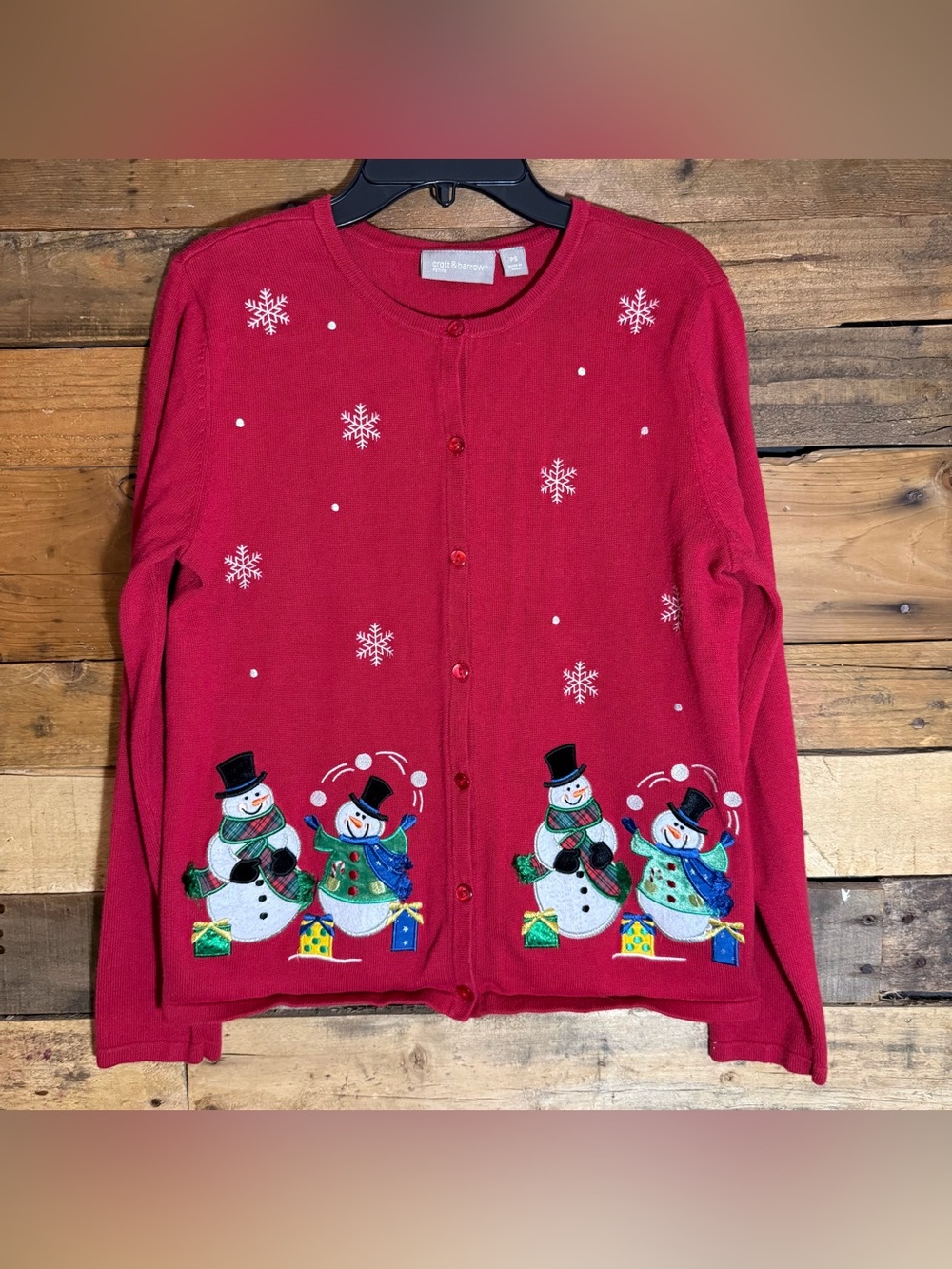 Croft & Barrow Womens Red Christmas Cardigan Sweater Snowmen Snowflakes PS.